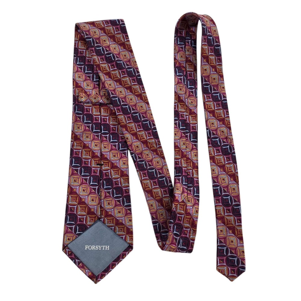 FORSYTH Silk Geometric Pattern Necktie Burgundy Gold Blue Men's Formal Tie